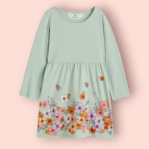H&M Green Solid With Flowers Full Sleeve dress 100% Cotton Sting free frock - Picture 1 of 5